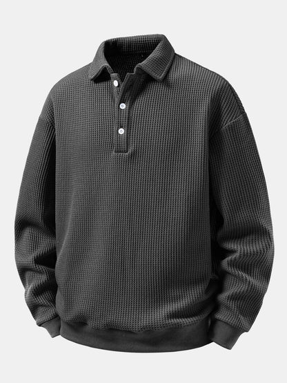 Herren Waffelpiqué Poloshirt mit Knopfkragen – Relaxed Fit Langarm - Grau