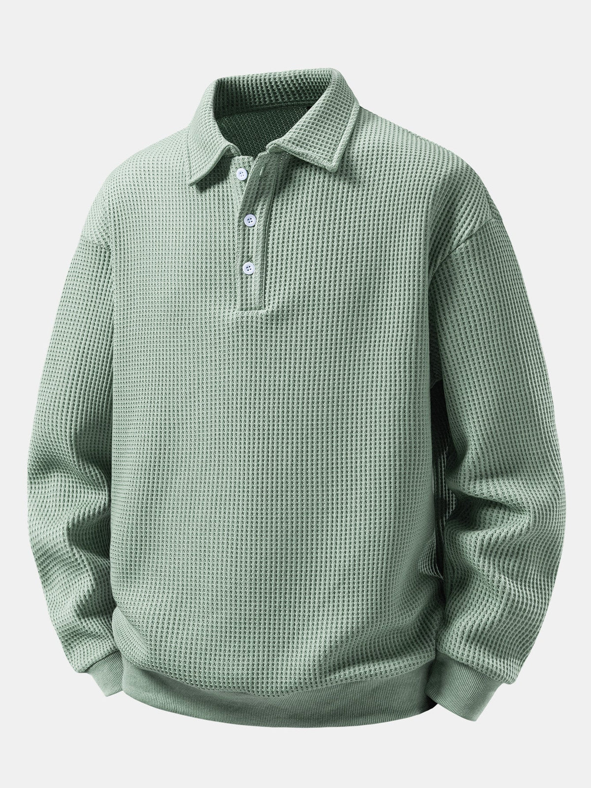 Herren Waffelpiqué Poloshirt mit Knopfkragen – Relaxed Fit Langarm - Hellgrün