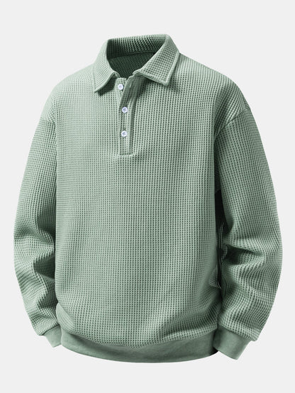 Herren Waffelpiqué Poloshirt mit Knopfkragen – Relaxed Fit Langarm - Hellgrün