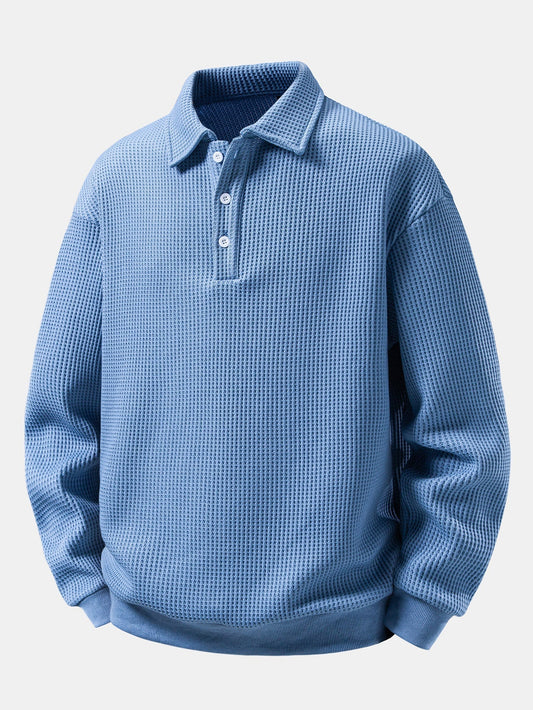 Herren Waffelpiqué Poloshirt mit Knopfkragen – Relaxed Fit Langarm - Himmelblau