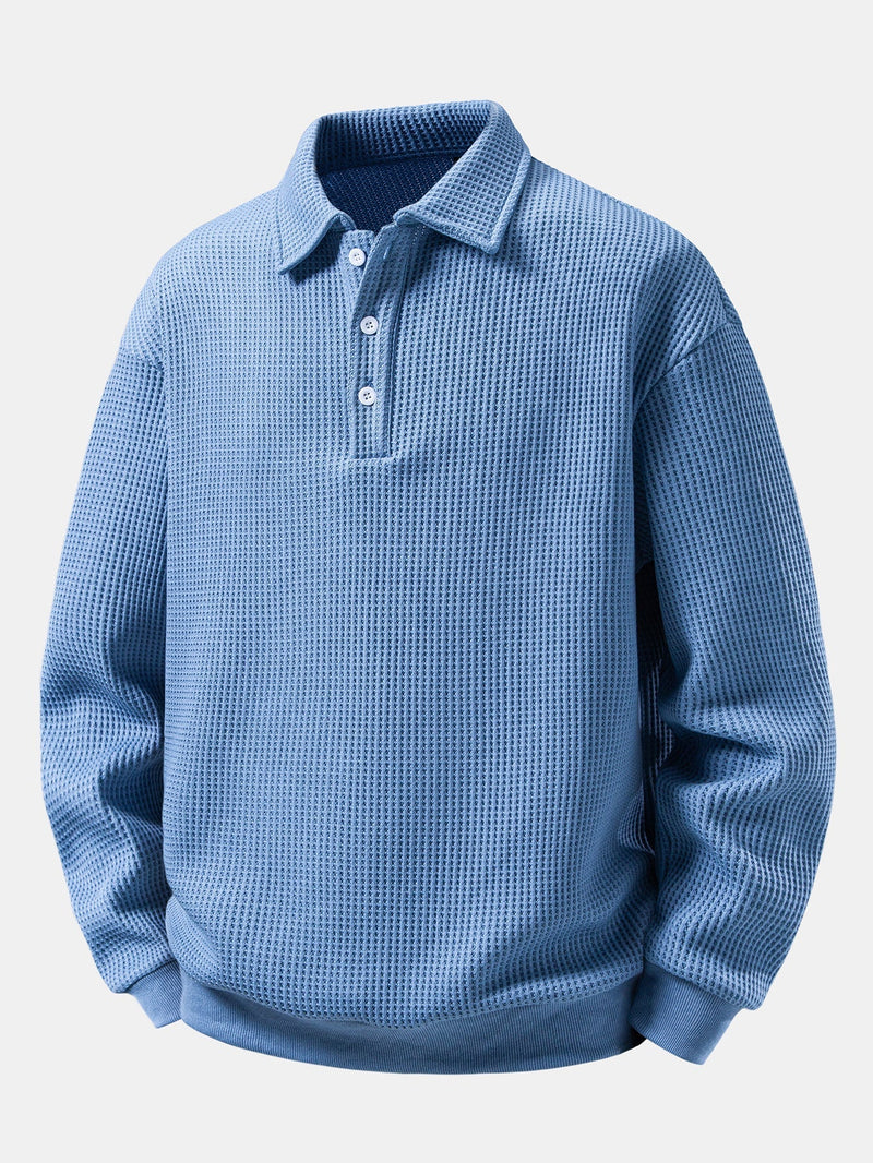 Herren Waffelpiqué Poloshirt mit Knopfkragen – Relaxed Fit Langarm - Himmelblau