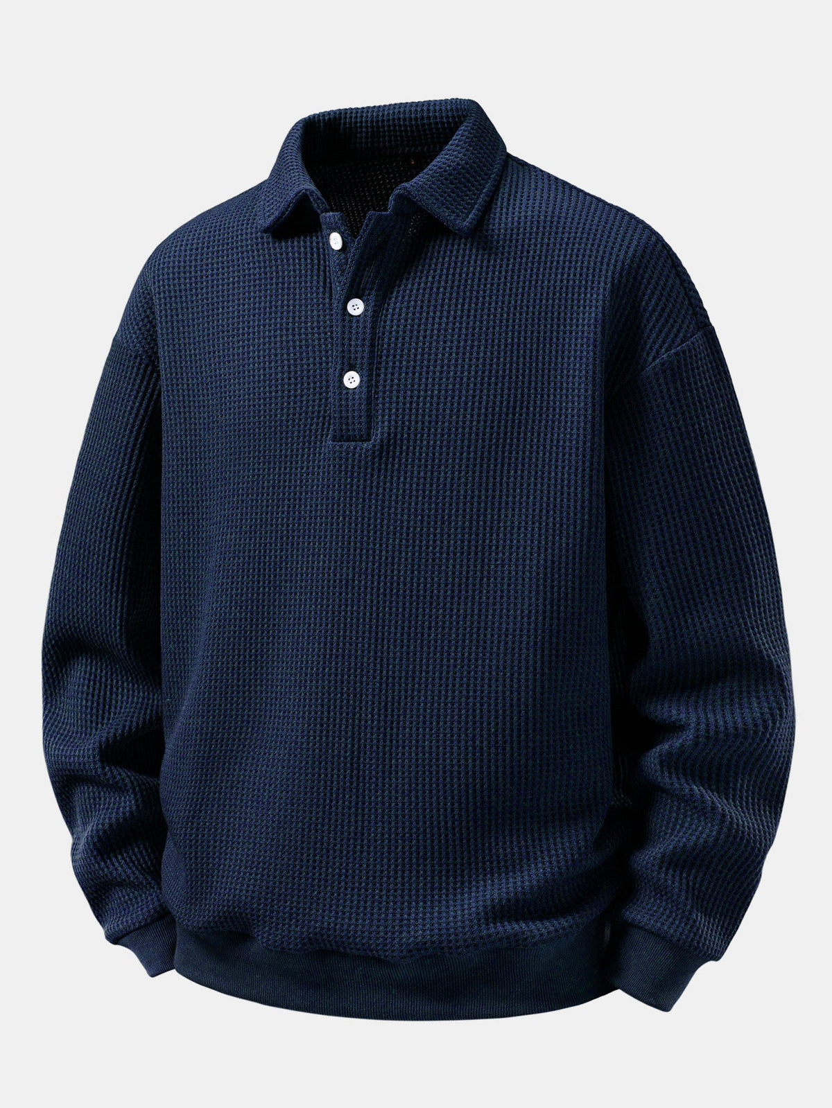 Herren Waffelpiqué Poloshirt mit Knopfkragen – Relaxed Fit Langarm - Marineblau