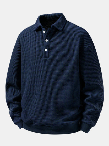 Herren Waffelpiqué Poloshirt mit Knopfkragen – Relaxed Fit Langarm - Marineblau