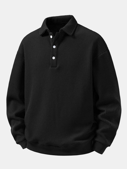 Herren Waffelpiqué Poloshirt mit Knopfkragen – Relaxed Fit Langarm - Schwarz