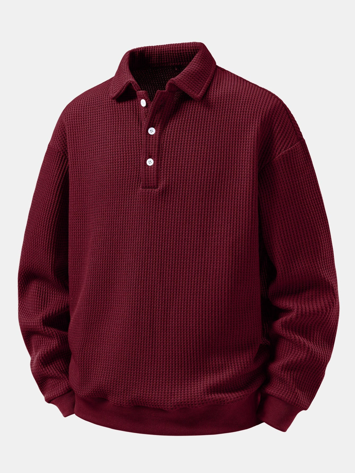 Herren Waffelpiqué Poloshirt mit Knopfkragen – Relaxed Fit Langarm - Weinrot