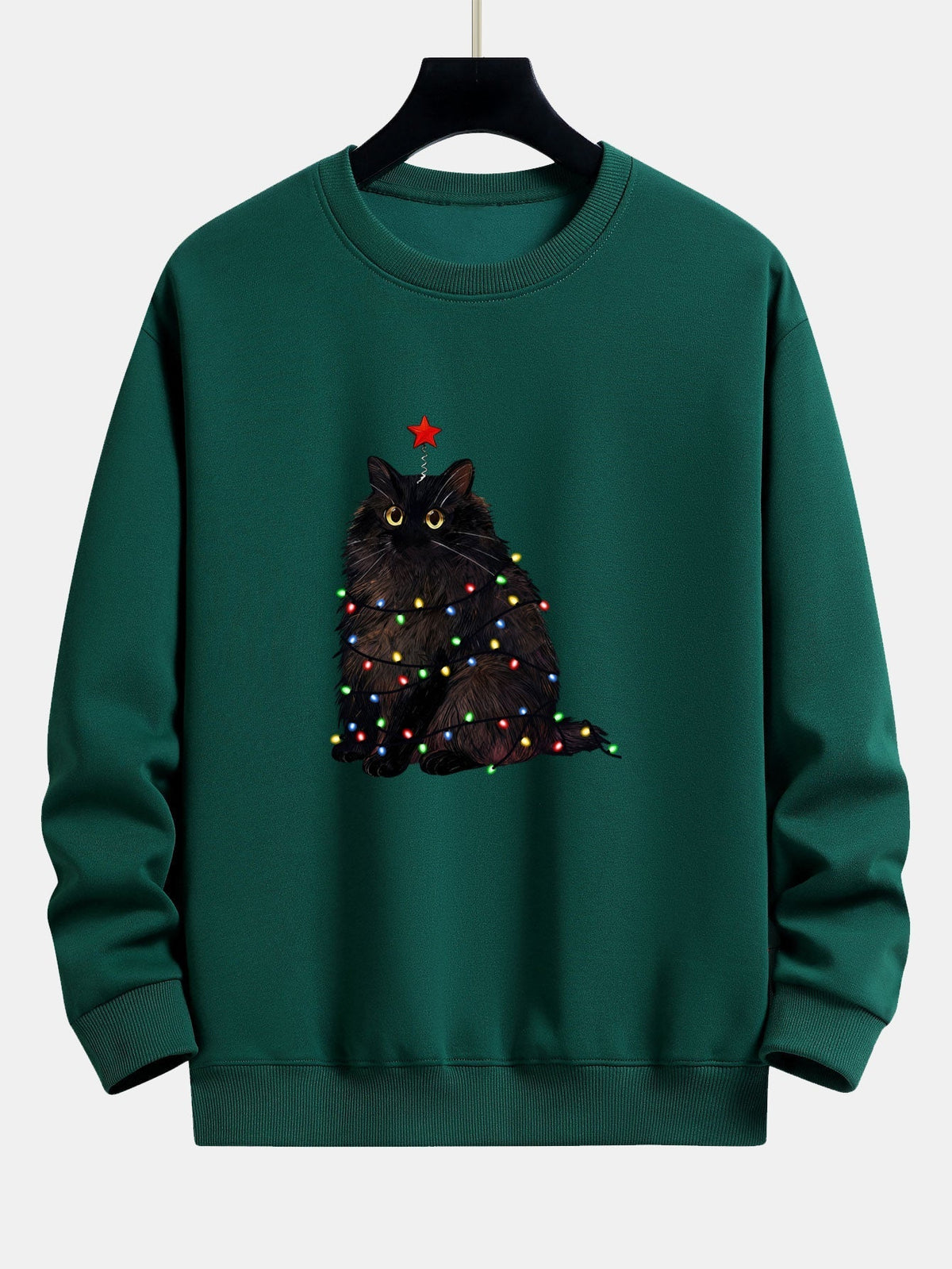 Herren Weihnachtskatzen-Sweatshirt – Entspannte Passform mit Festliche - Dunkelgrün