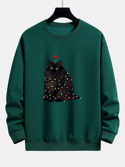 Herren Weihnachtskatzen-Sweatshirt – Entspannte Passform mit Festliche - Dunkelgrün