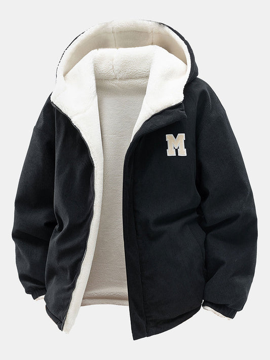 Herren Wendejacke Cord Kapuze Teddyfleece – Relaxed Fit - Schwarz