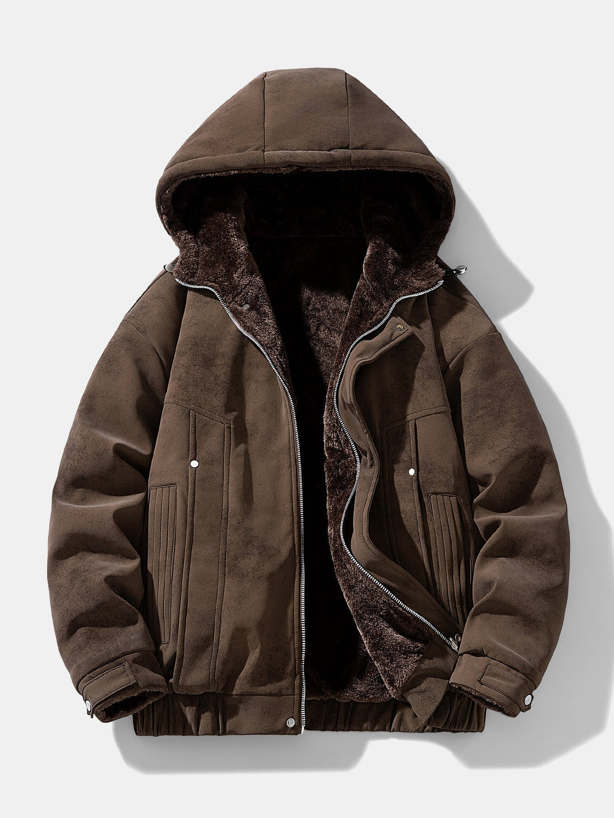 Herren Wildleder-Kapuzenjacke mit Teddy-Fleece – Entspannte Passform - Dunkelbraun
