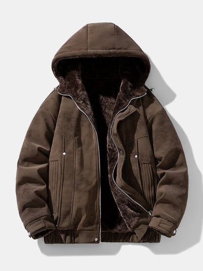 Herren Wildleder-Kapuzenjacke mit Teddy-Fleece – Entspannte Passform - Dunkelbraun