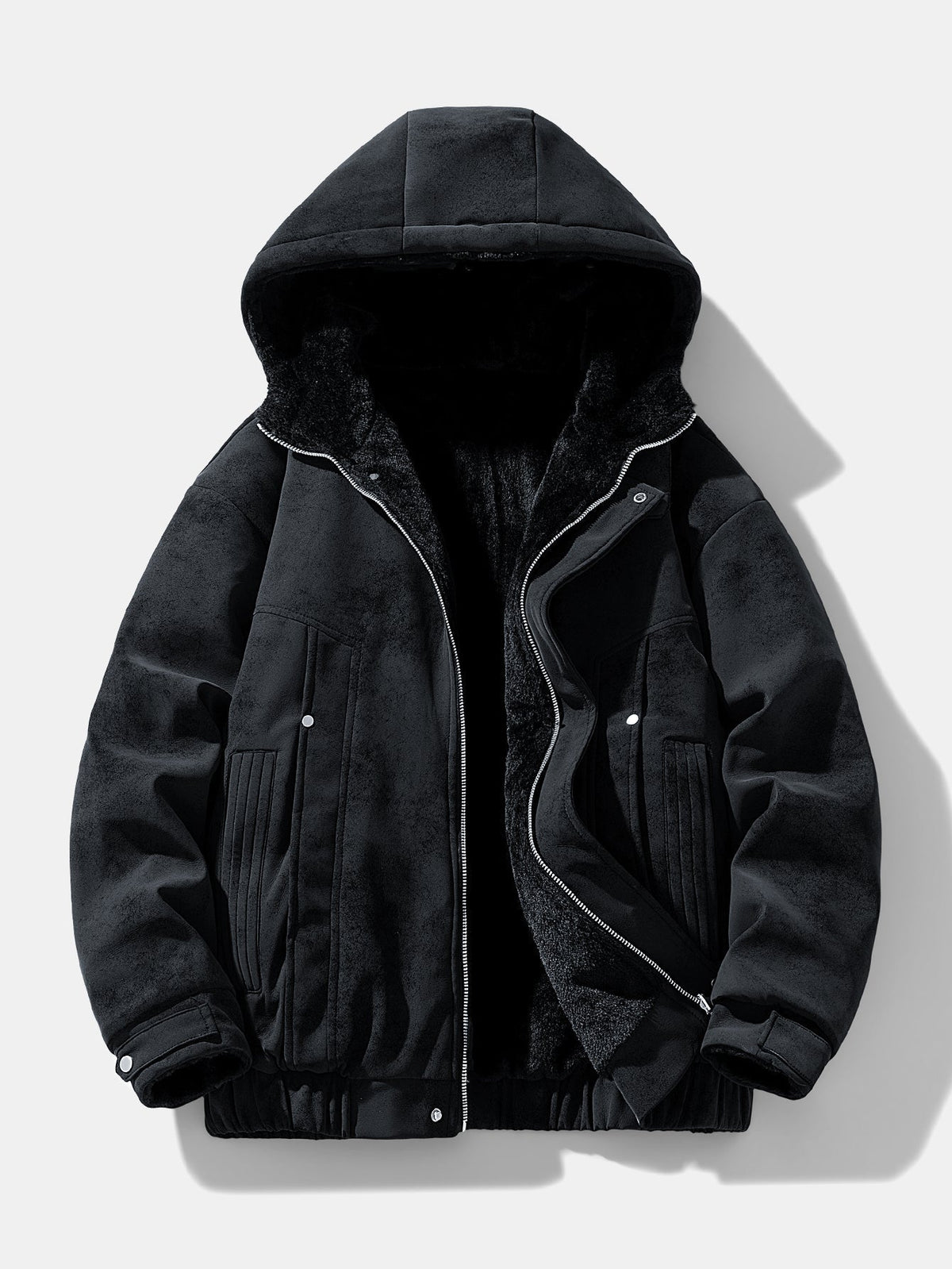 Herren Wildleder-Kapuzenjacke mit Teddy-Fleece – Entspannte Passform - Schwarz