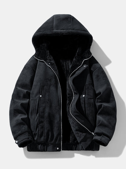 Herren Wildleder-Kapuzenjacke mit Teddy-Fleece – Entspannte Passform - Schwarz