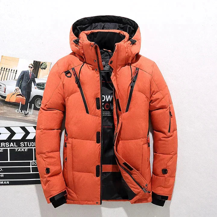 Herren Winterjacke mit Kapuze in orange, Warme Skijacke