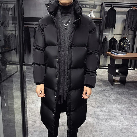 Herren Winterparka mit Kapuze - Lange Steppjacke mit Knopfverschluss - Schwarz