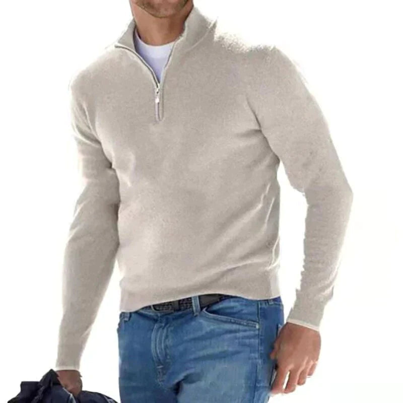 Herren Zip-Up Pullover - Moderner Strickpullover mit Halbem Reißversch - Apricot