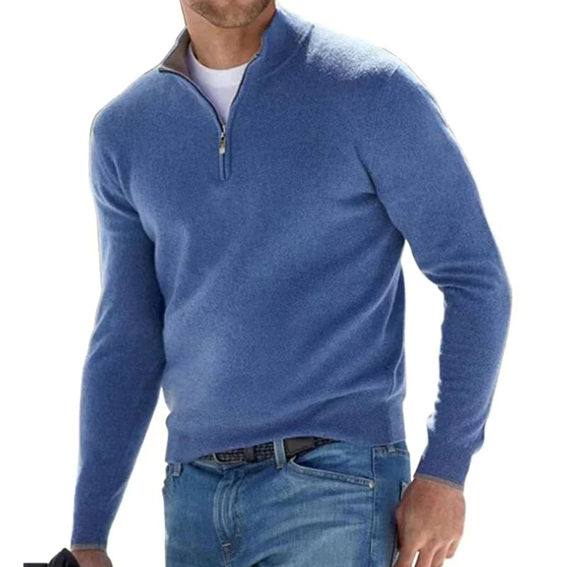 Herren Zip-Up Pullover - Moderner Strickpullover mit Halbem Reißversch - Blau