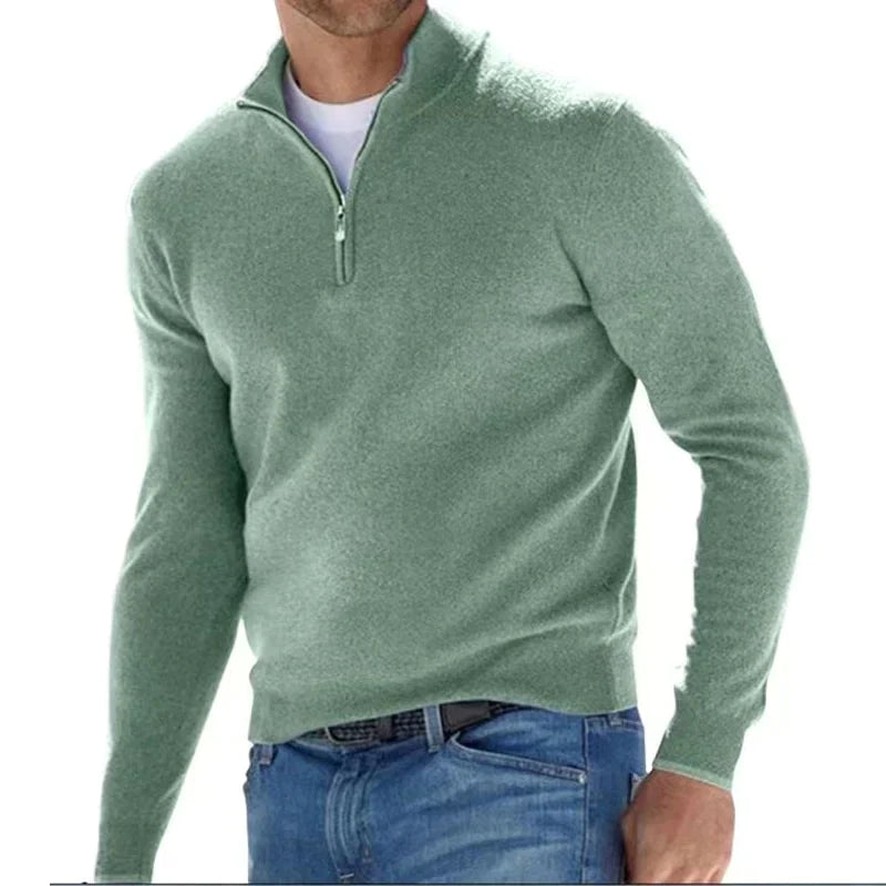 Herren Zip-Up Pullover - Moderner Strickpullover mit Halbem Reißversch - Grün
