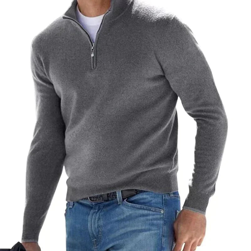Herren Zip-Up Pullover - Moderner Strickpullover mit Halbem Reißversch - Grau