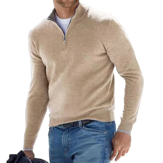 Herren Zip-Up Pullover - Moderner Strickpullover mit Halbem Reißversch - Khaki