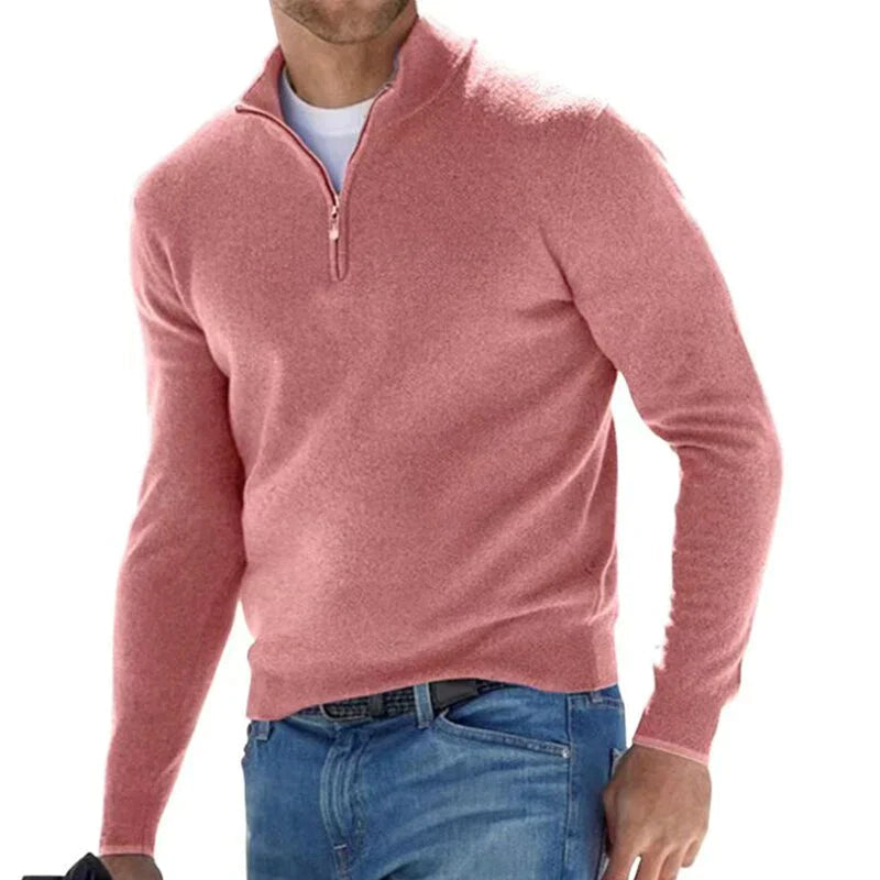 Herren Zip-Up Pullover - Moderner Strickpullover mit Halbem Reißversch - Rosa