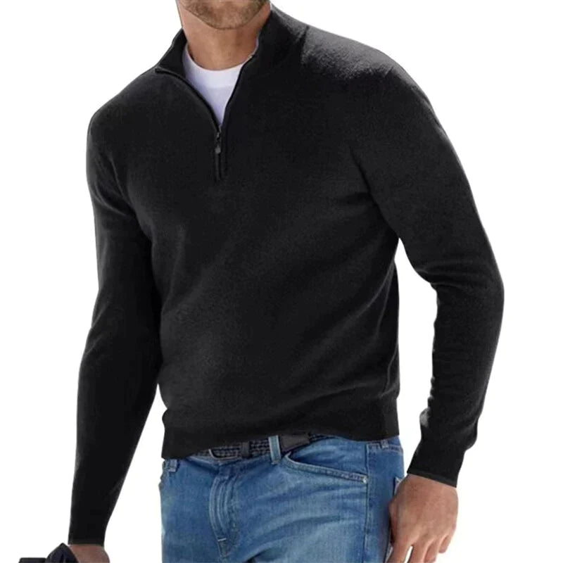Herren Zip-Up Pullover - Moderner Strickpullover mit Halbem Reißversch - Schwarz