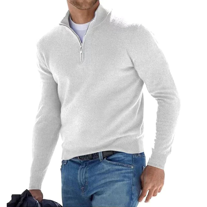 Herren Zip-Up Pullover - Moderner Strickpullover mit Halbem Reißversch - Weiß